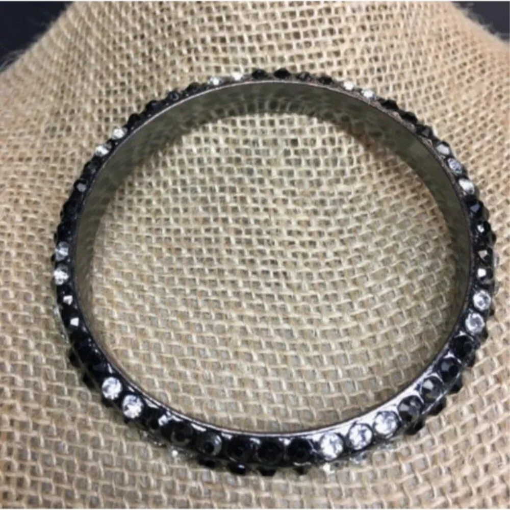 Rhinestone Bangle Bracelet Black Smoky Grey Gray Clear Silver Bling Glam Retro - Picture 2 of 3